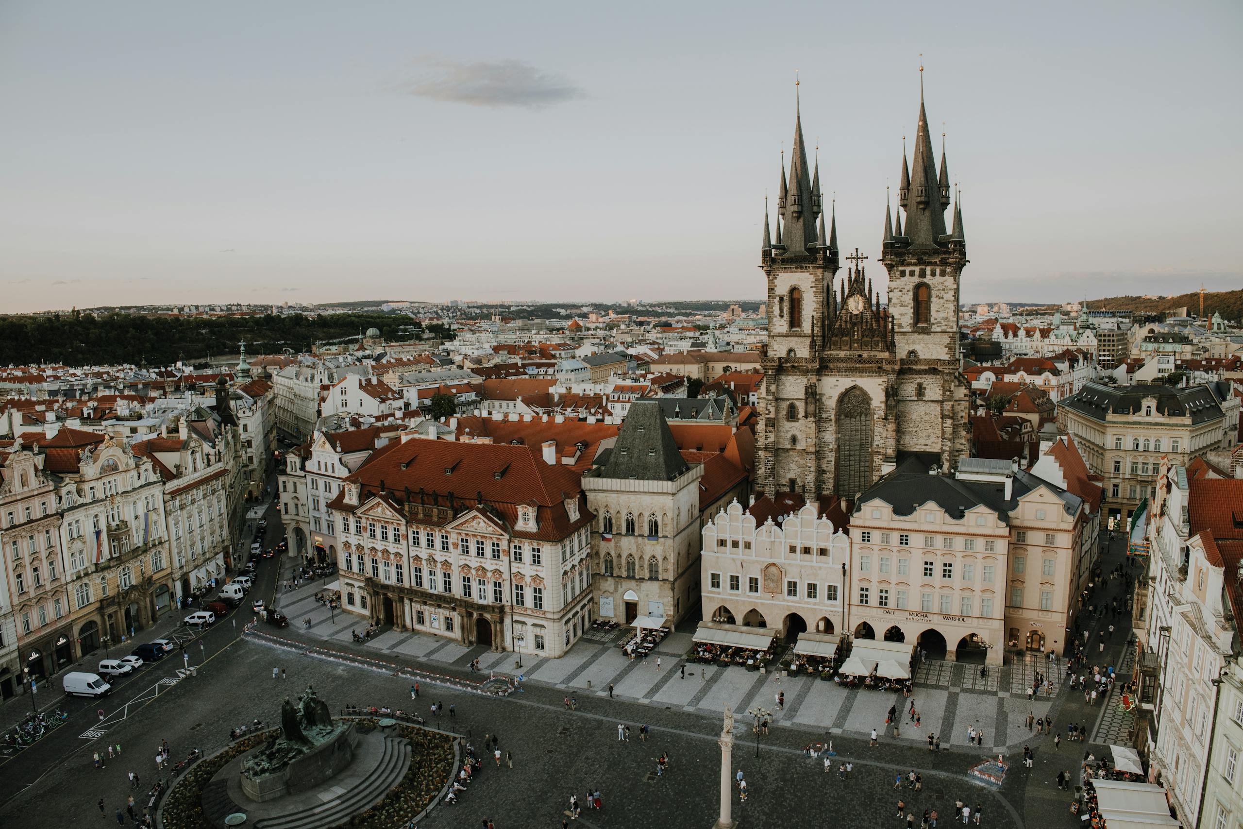 Captured from above, this image showcases Prague's iconic Old Town Square with historic architecture.
