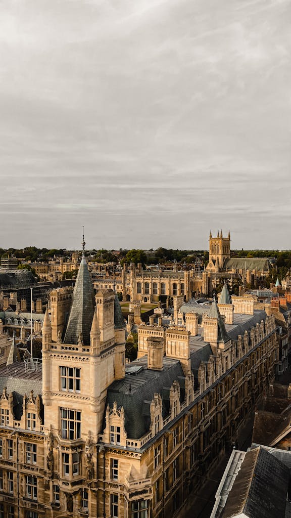 Explore the elegant Gothic architecture of Cambridge, England from above.